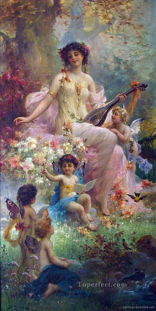 belleza tocando la guitarra y ángeles florales Hans Zatzka hermosa mujer dama Pintura al óleo